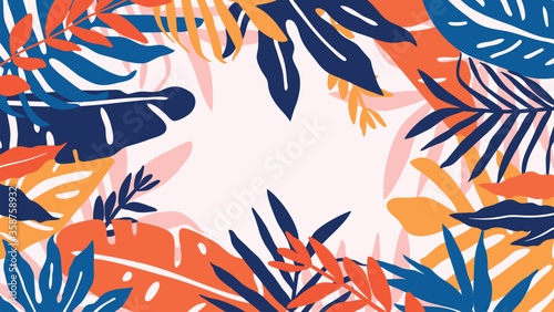 Abstract background vector with tropical leaves  and floral line arts. Creative pattern with hand drawn shapes. Design background for social media post, cover, print and wallpaper photo