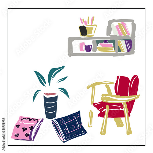 Vector set of isolated images of furniture and household items on a white background. All items can be used separately. Refrigerator, lamps, chandeliers, floor lamp, chests of drawers, cabinet, shelf.