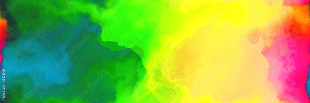 abstract watercolor background with watercolor paint with green yellow, pastel orange and forest green colors and space for text or image