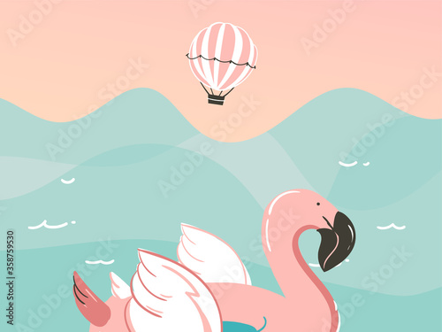 Hand drawn vector stock abstract graphic illustration with a flamingo swimming rubber float rings in ocean waves landscape isolated on blue background
