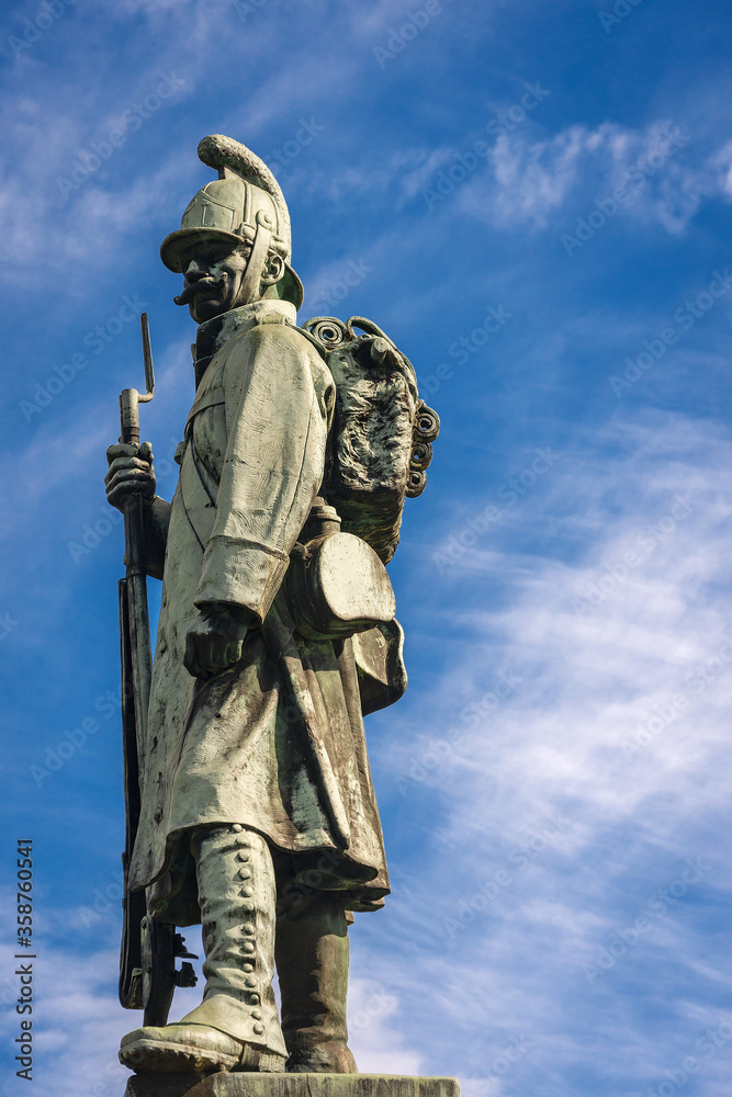 Habsburg monument of the Napoleonic Wars with an Austrian soldier (1809) in Tarvisio, Friuli-Venezia Giulia, Italy, Europe. Made by the sculptor from Carinthia Josef Valentine Kassin (1856-1931)