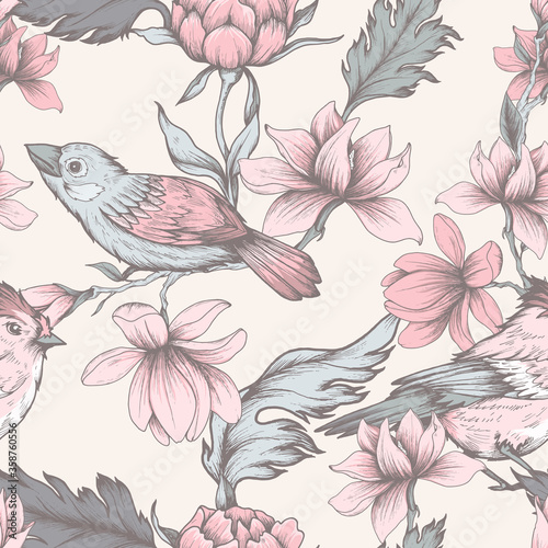 Seamless pattern with hand drawn flowers and birds 