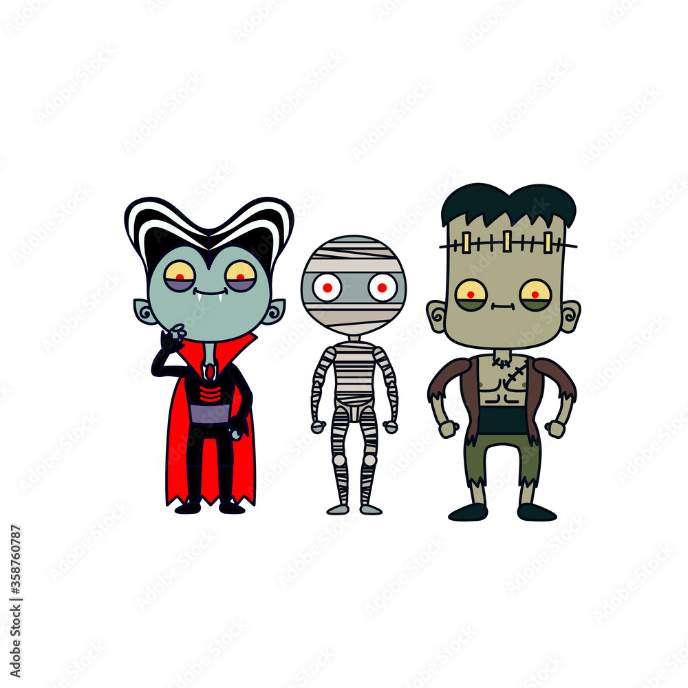 Funny cartoon Dracula, mummy and revived monster. Halloween illustration. Funny cartoon Dracula, mummy and revived monster. Halloween illustration.