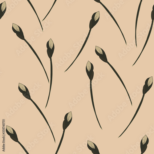 Seamless pattern with abstract flowers, grey brown beige flower buds on a beige background. Monochrome pattern.