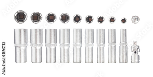Set of top and side views of torx drive socket tools isolated on white background