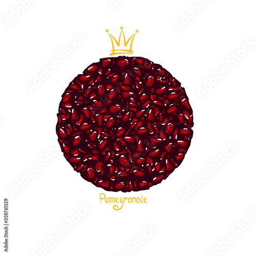 Hand drawn sketch style circle pomegranates seeds set. Garnet ball with a crown.