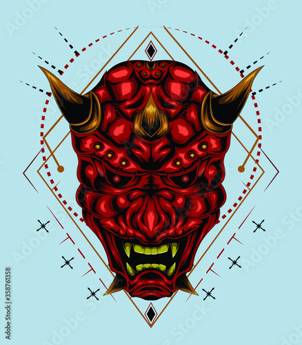 kabuki illustration. red devil face illustration. head of red demon. japanese demon mask