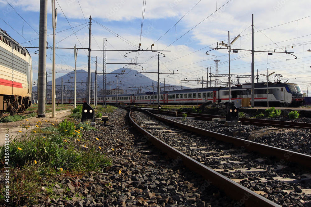 train on railway with Vesuvius on the background train on railway with Vesuvius on the background