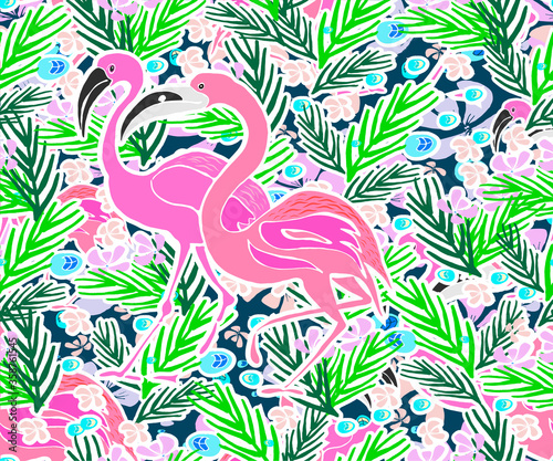 Tropical background with pink flamingo, exotic flowers and palm leaves. Vector seamless pattern for pareo, pillow, home textile design, shawl print, textile, covers.