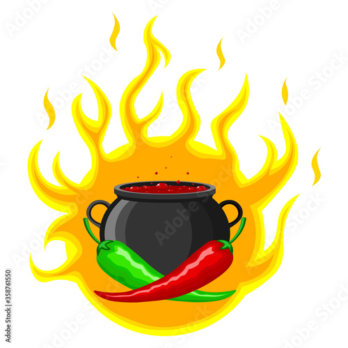 Really hot mexican peppers. Green and red peppers on the background of a cauldron with hot simmering Mexican dish and fire. Vector