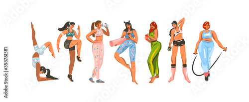 Hand drawn vector abstract stock flat graphic illustration collection set bundle with sport fitness training women in sportwear isolated on white color background.Home fitness concept