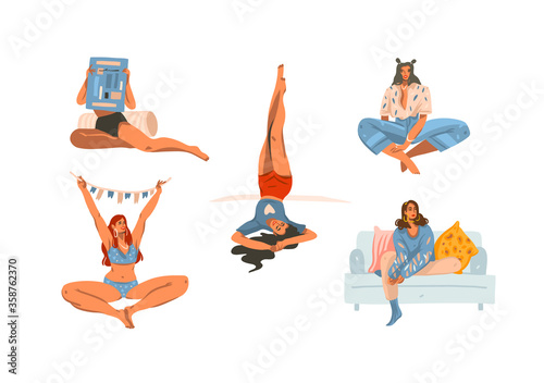 Hand drawn vector abstract stock flat graphic illustrations collection set with young women sitting characters at home isolated on white background