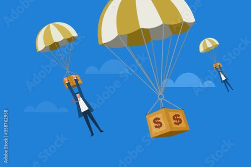 Businessmen hanging on money boxes carried by hot air balloons in the sky.Concept of new investments in the economy