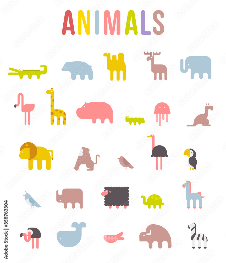 Cute Animals Vector illustration Icon Set isolated on a white background. Geometric vector illustration flat design