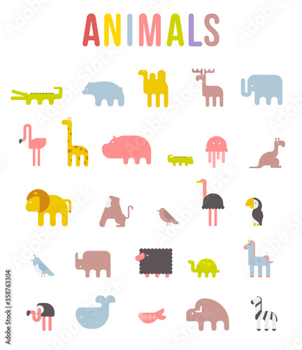 Cute Animals Vector illustration Icon Set isolated on a white background. Geometric vector illustration flat design