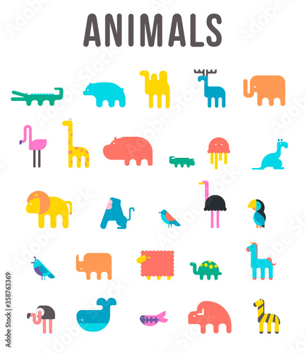 Cute Animals Vector illustration Icon Set isolated on a white background. Geometric vector illustration flat design