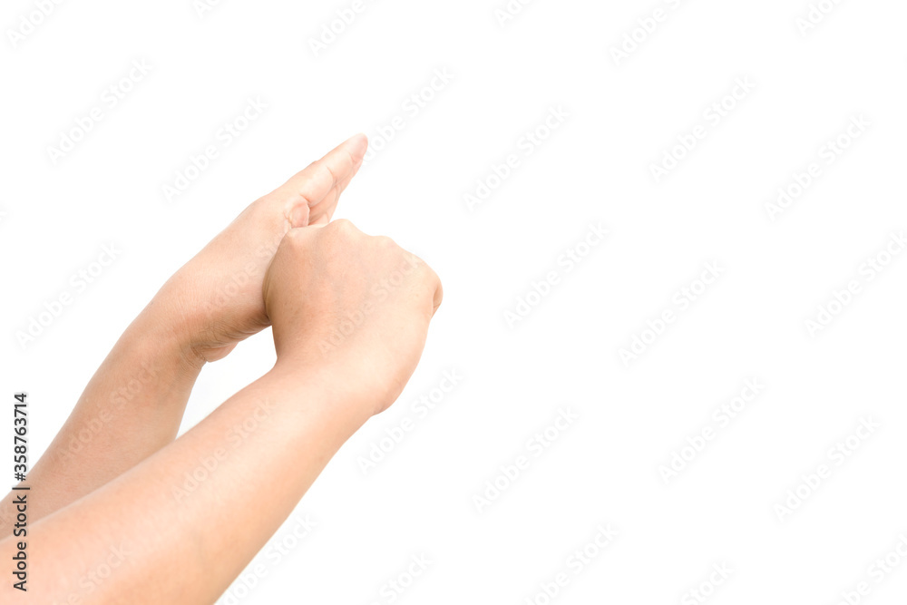 Naklejka premium a hand holding something like a bottle or smartphone on white backgrounds, isolated