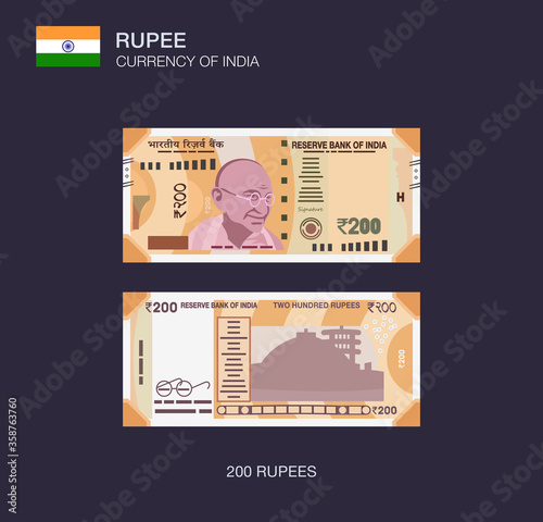 Currency of India. Flat vector illustration of indian two hundred rupees.	