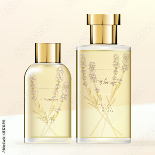 Vector Lavender Infused Bath Oil or Essential Oil Glass Bottle Packaging with Gold Cap.