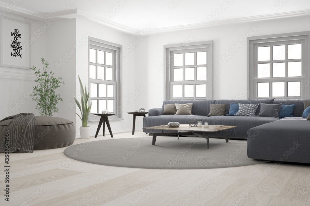 Fototapeta premium modern room with sofa,pillows,table,pouf,plaidinterior design. 3D illustration