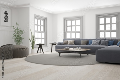 modern room with sofa pillows table pouf plaidinterior design. 3D illustration