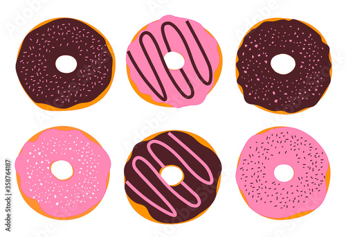 Set of donuts with chocolate glaze and crumbs food vector illustration.