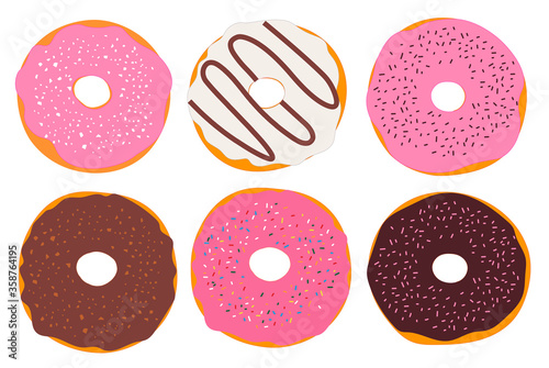Set of donuts with chocolate glaze and crumbs food vector illustration.