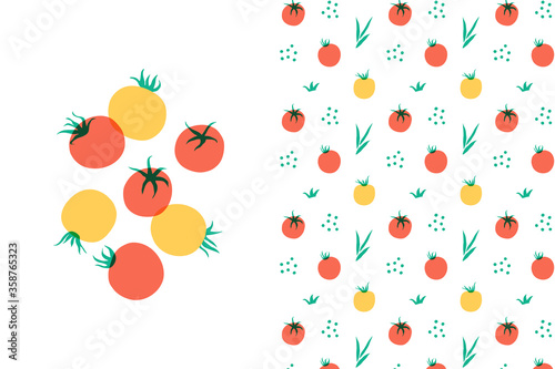 Fototapeta Naklejka Na Ścianę i Meble -  Tomato flat elements and seamless pattern set.  Simple colorful graphic for  supermarket, kitchen, menu decor