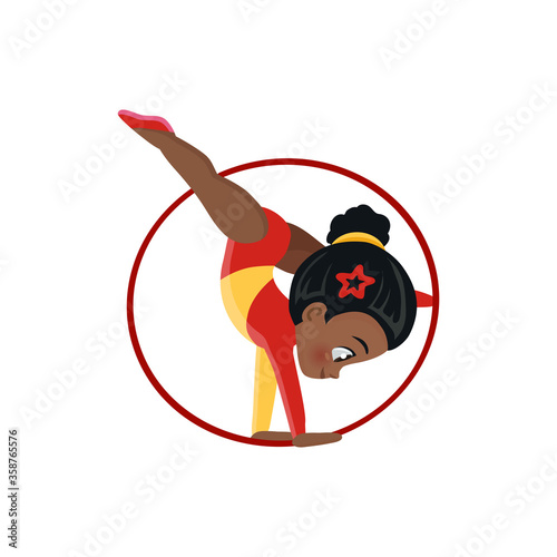 Vector sticker of cute cartoon African gymnast in rhythmic gymnastics competitions, athlete in training, children's sports school, isolated on a white background, eps 10