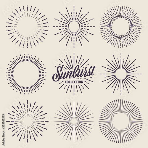 Vintage sunburst collection. Bursting sun rays. Fireworks. Logotype or lettering design element. Radial sunset beams. Vector illustration.