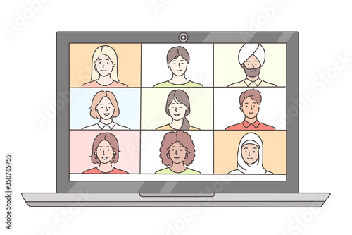 Meeting, online, business concept. People multiracial african american arab muslim businessmen women characters on laptop. Conference video call and remote project management or working from home.