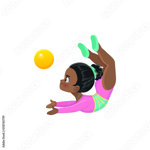 Vector sticker of cute cartoon African gymnast in rhythmic gymnastics competitions, athlete in training, children's sports school, isolated on a white background, eps 10