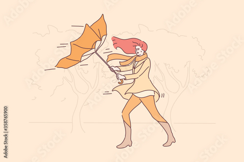 Storm, nature concept. Young unhappy angry woman girl cartoon character holding blowing umbrella on street. Autumn windy bad stormy weather with rain and gusting wind flat vector illustration.