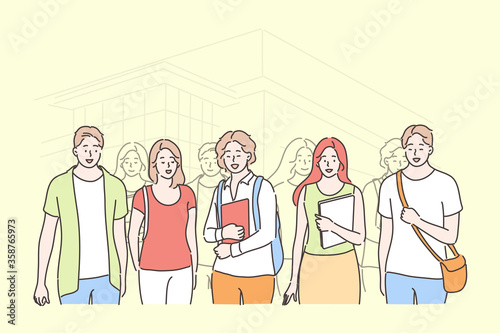 Education, study, friendship, meeting, university concept. Group of young men women boys girls college students friends with textbooks standing together looking at camera. Studentship illustration.