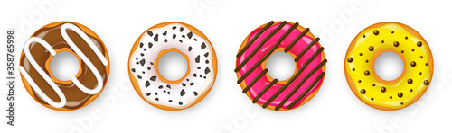 Donut with cream. Cookie cake. Sweet dessert with sugar and caramel. Cafeteria food, snack. Coffee shop.Vector illustration.