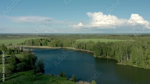 Tula oblast romantsevo hills and lakes drone aerial shot. Zoom in high quality 4k footage fly over tulskaya oblast romantsevskie hills, konduki shot under cloudy blue sky photo