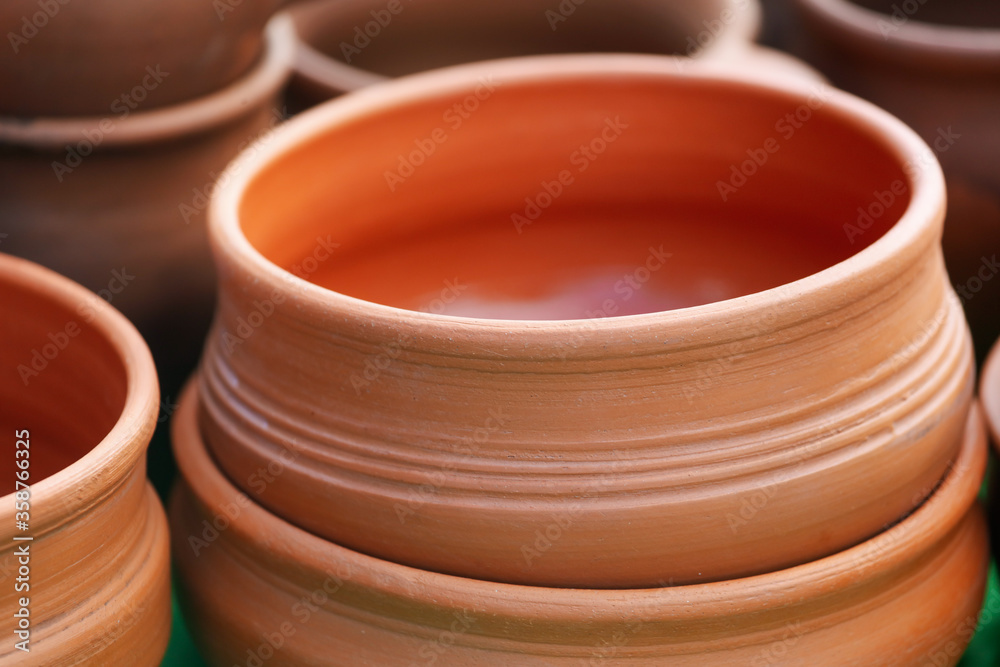 Clay dishes on a counter Clay dishes on a counter