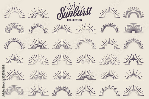 Vintage sunburst collection. Bursting sun rays. Fireworks. Logotype or lettering design element. Radial sunset beams. Vector illustration.