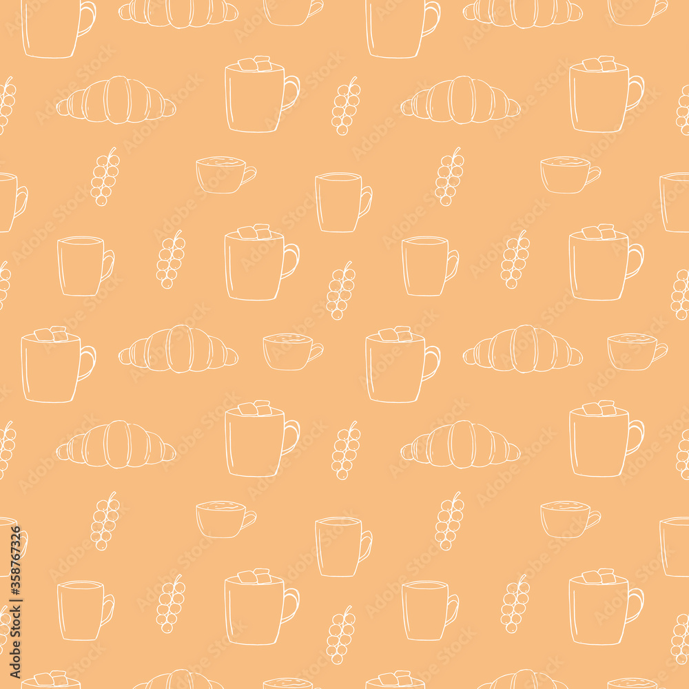 Seamless pattern vector illustration of hot chocolate, a croissant and a sprig of currant, hand drawing, pink color Seamless pattern vector illustration of hot chocolate, a croissant and a sprig of currant, hand drawing, pink color