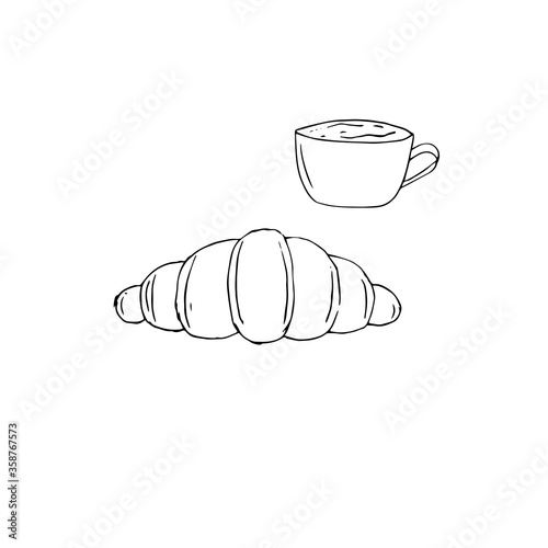 Breakfast, cappuccino and croissant, vector illustration, hand drawing