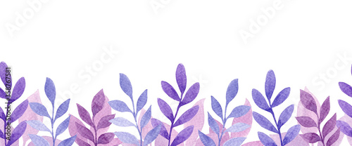 Hand drawn watecolor seamless pattern with pink, purple, violet and blue twigs and leaves. Good texture for textile, printed production, banners design. Lovely, delicate design. photo