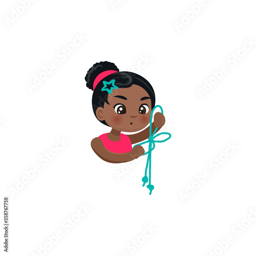 Vector sticker of cute cartoon African gymnast in rhythmic gymnastics competitions, athlete in training, children's sports school, isolated on a white background, eps 10 the skipping rope got tangled