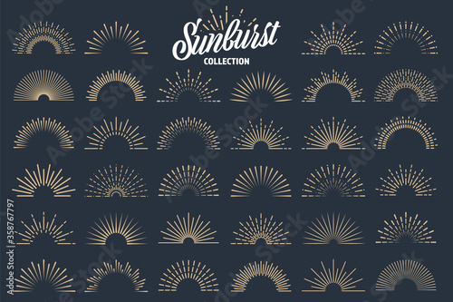 Vintage sunburst collection. Bursting sun rays. Fireworks. Logotype or lettering design element. Radial sunset beams. Vector illustration.