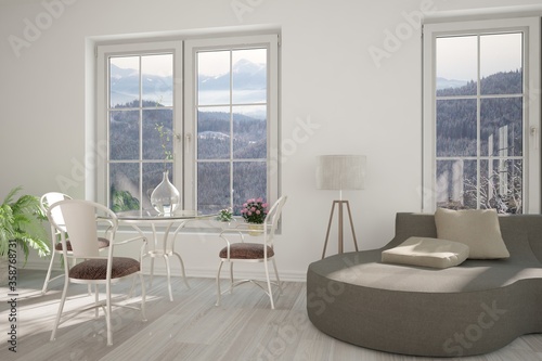 idea of room with moubtain landscape in big white windows,sofa with pillows,table,chairs,lamp and plants interior design. 3D illustration photo
