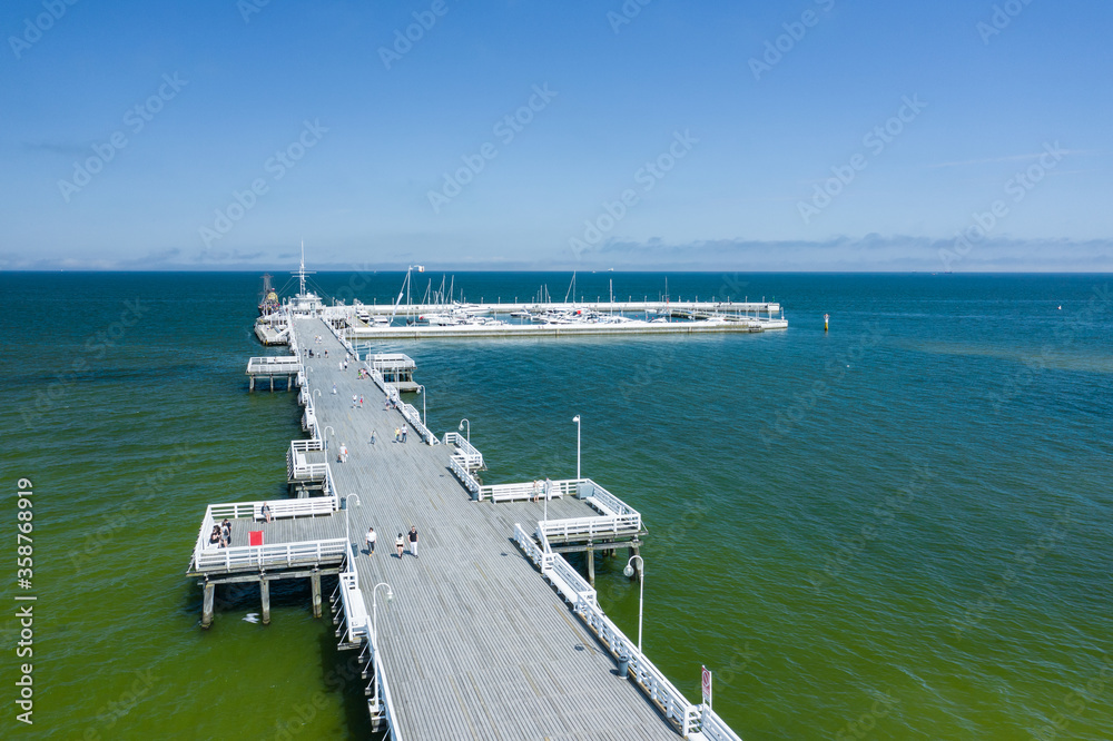 Sopot Aerial View. Sopot resort in Poland. Wooden pier (molo) with marina and yachts. Sopot is major tourist destination in Poland.