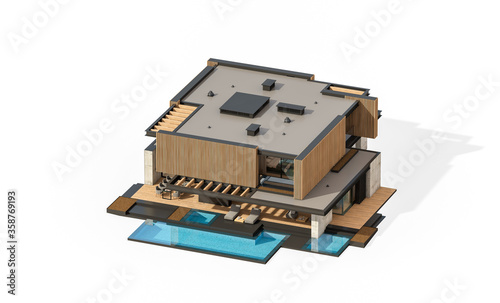 3d rendering of modern cozy house with parking and pool for sale or rent with wood plank facade. Isolated on white