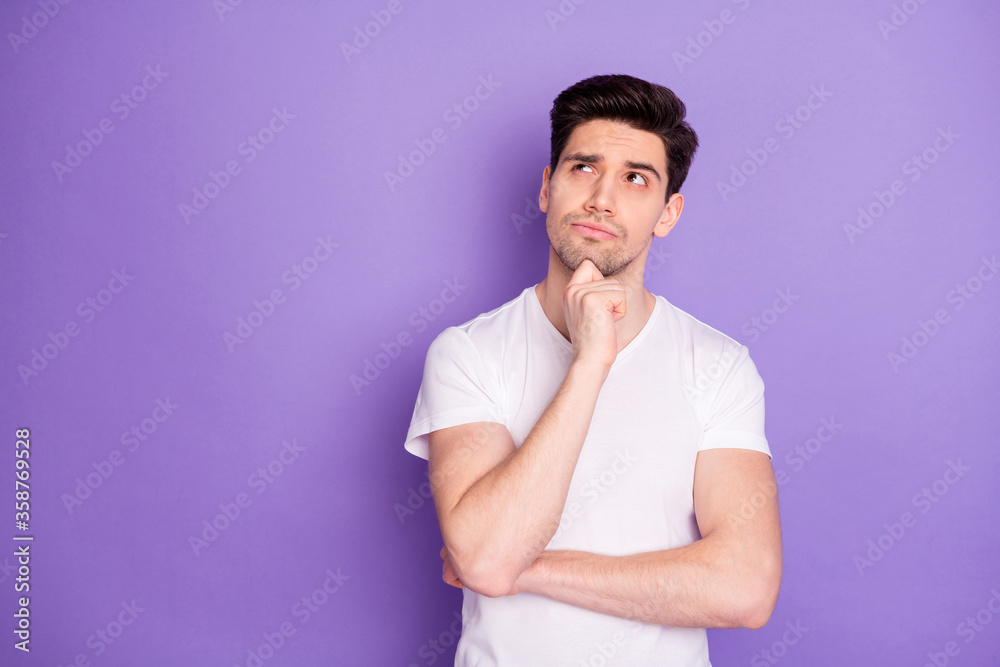 Portrait of minded smart guy look copyspace touch hand chin think thoughts plan working day wear stylish clothes isolated over bright color background Portrait of minded smart guy look copyspace touch hand chin think thoughts plan working day wear stylish clothes isolated over bright color background
