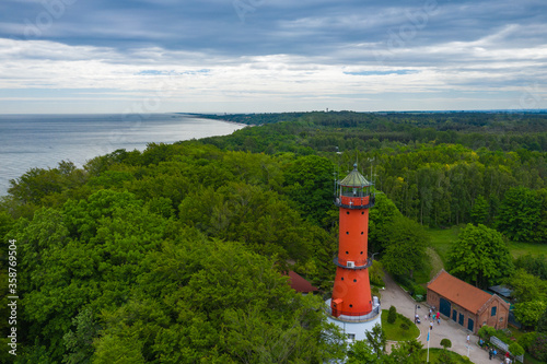Aerial view of lighthouse in the small village of Rozewie on the Polish seashore of the Baltic Sea. Poland. Europe.
