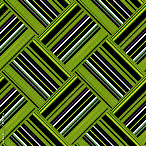 Seamless striped patchwork  green background.