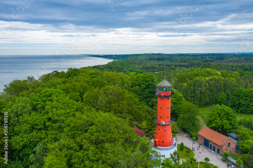 Aerial view of lighthouse in the small village of Rozewie on the Polish seashore of the Baltic Sea. Poland. Europe.